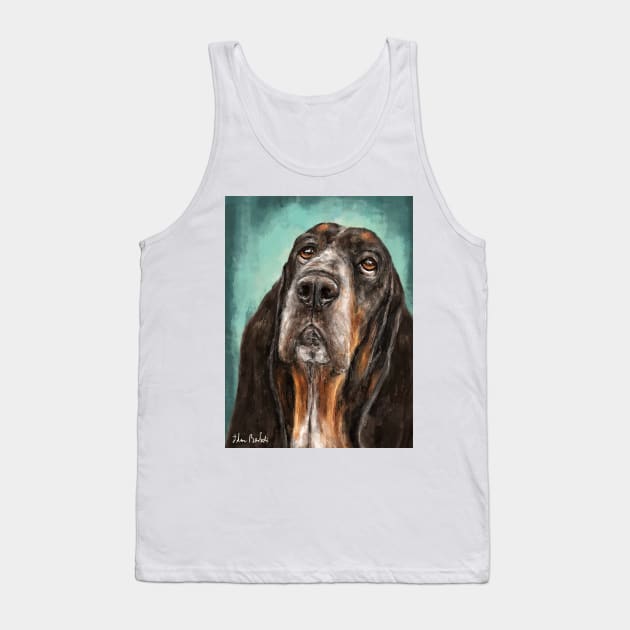 Painting of a Basset Hound Dog Looking Up Turquoise Background Tank Top by ibadishi